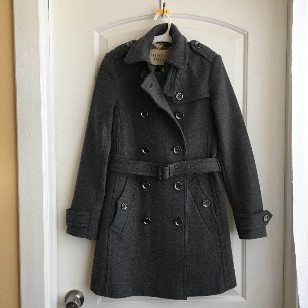 Burberry Brit Balmoral Classic Wool Trench, Charcoal Gray, size 2